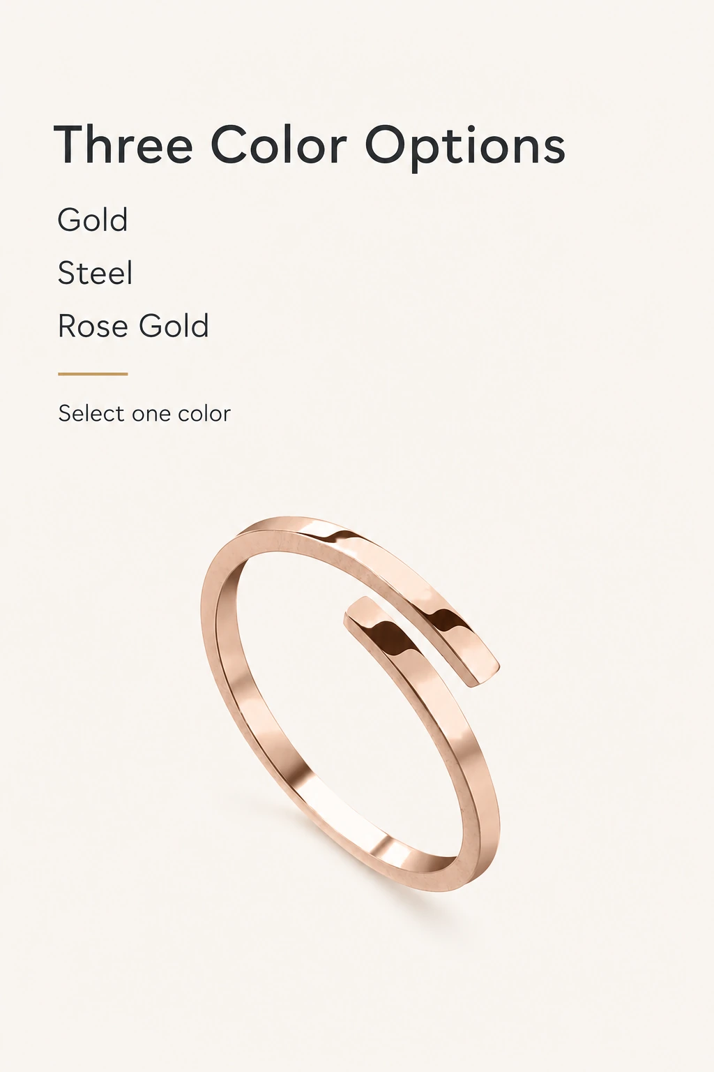 Rose-gold-color ring beside the three available color names