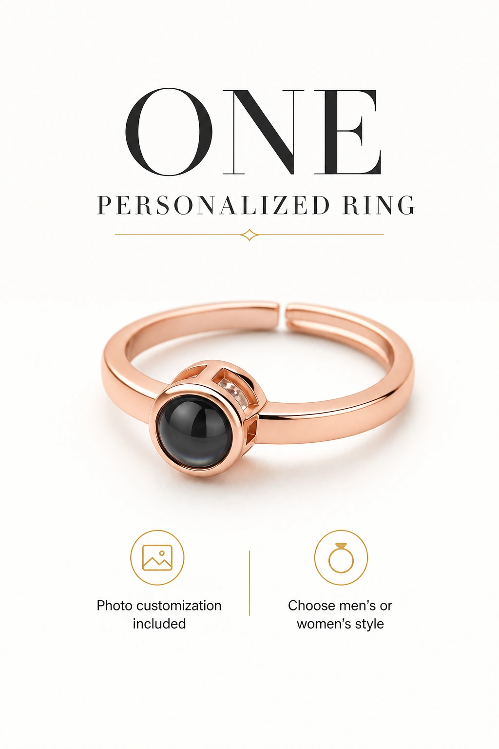 Un anillo de color oro rosa con iconos de personalización con foto y elección de estilo