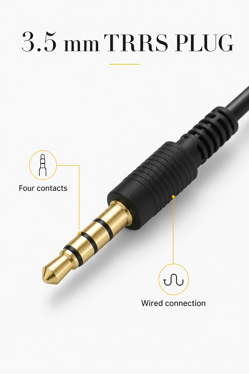 Primer plano TRRS con etiquetas de cuatro contactos y conexión por cable