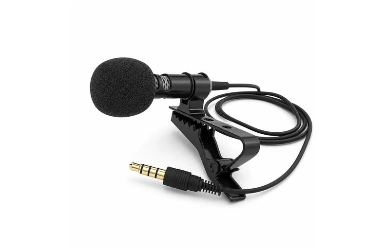 Microfone de lapela preto com fio, cobertura de espuma, clipe para roupa, cabo e plugue TRRS com quatro contatos