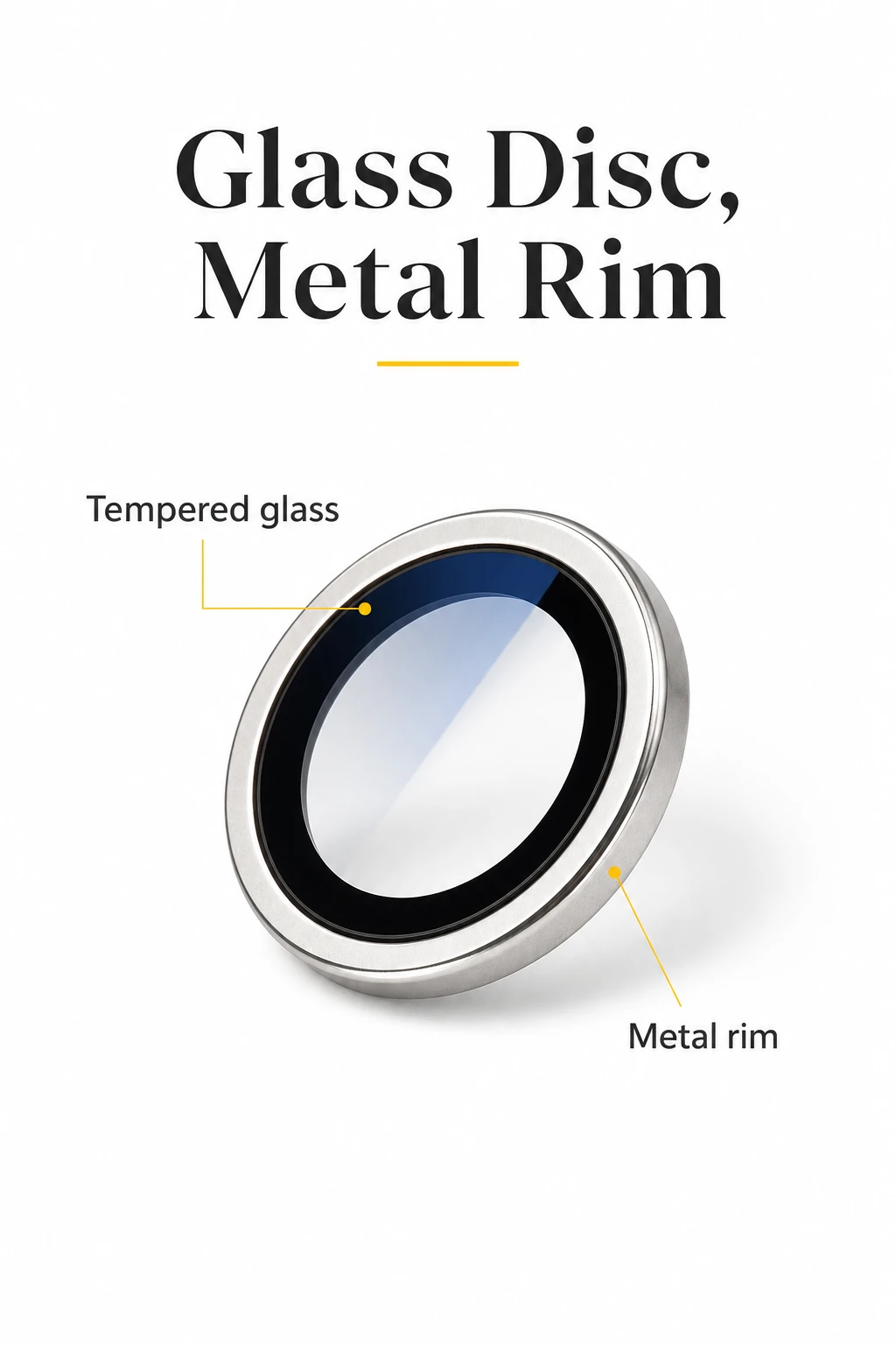 Labeled product diagram identifying the glass disc and metal rim on one silver camera lens protector ring.