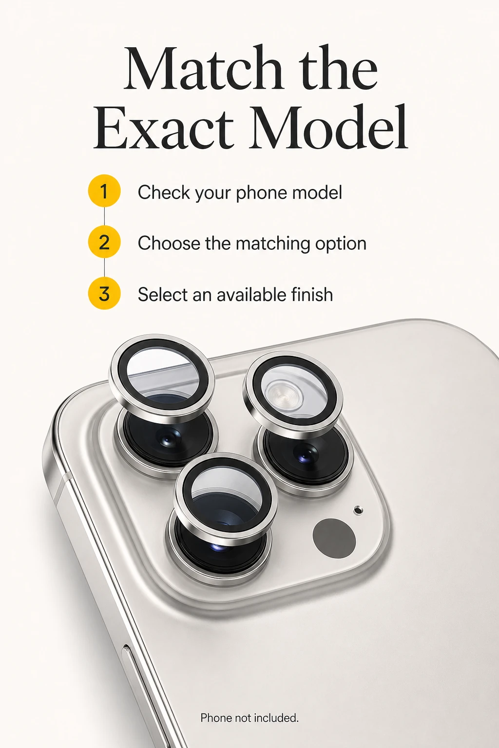 Model-selection graphic with three silver rings aligned above a phone's triple-camera cluster, three selection steps and a phone-not-included note.