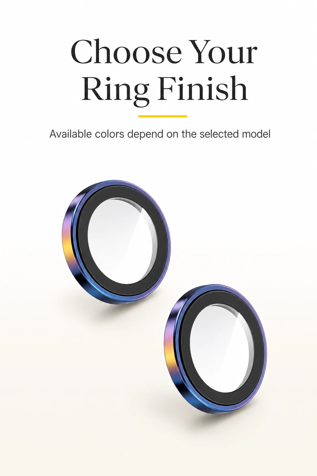 Finish graphic with two iridescent camera lens protector rings and text that available colors depend on the selected model.