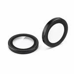 Two black metal-rim camera lens protector rings on a white background, one lying flat and one tilted to show its edge.