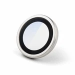 Close-up of one silver camera lens protector ring, showing its metal rim, dark inner border and glass center.