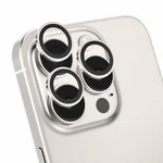 Three silver-rim protector rings aligned over the rear cameras of a silver iPhone shown as an installation example; the phone is not included.