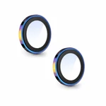Two iridescent multicolor metal-rim camera lens protector rings on white, with dark inner borders and clear centers.