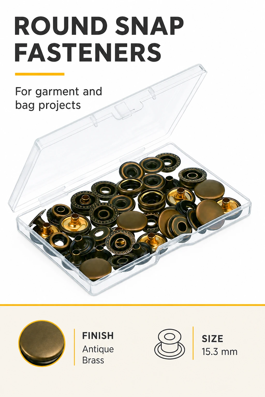 Vertical graphic showing Antique Brass snap parts in a clear box for garment and bag projects.