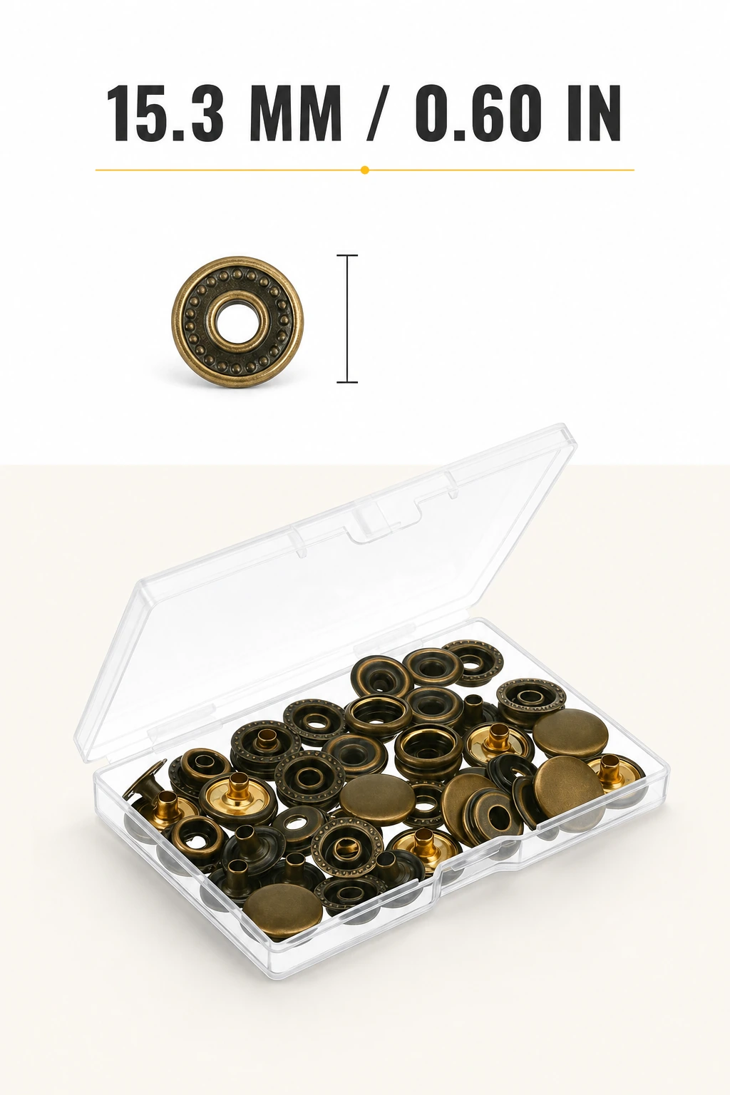 Vertical size graphic showing a round 15.3 mm snap component above the box.