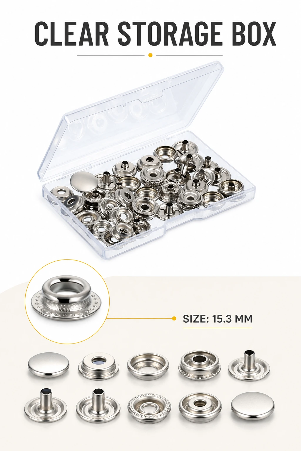 Vertical graphic showing Silver snap parts, an open clear box and a 15.3 mm size label.