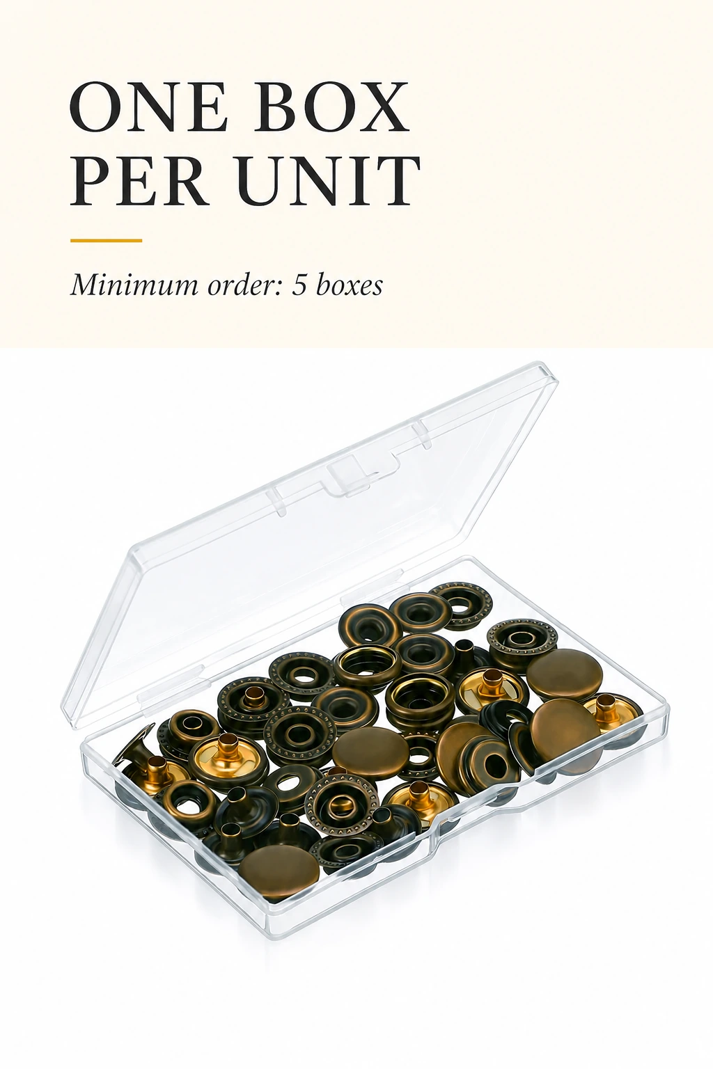 Vertical graphic showing one clear box of Antique Brass snap parts and a five-box minimum.