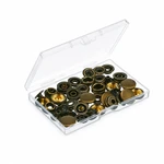 Open clear box with Antique Brass round snap parts on white.