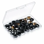 Open box of Black metal snap parts, with individual pieces beside it.