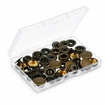 Close view of round Antique Brass snap parts inside a clear box.