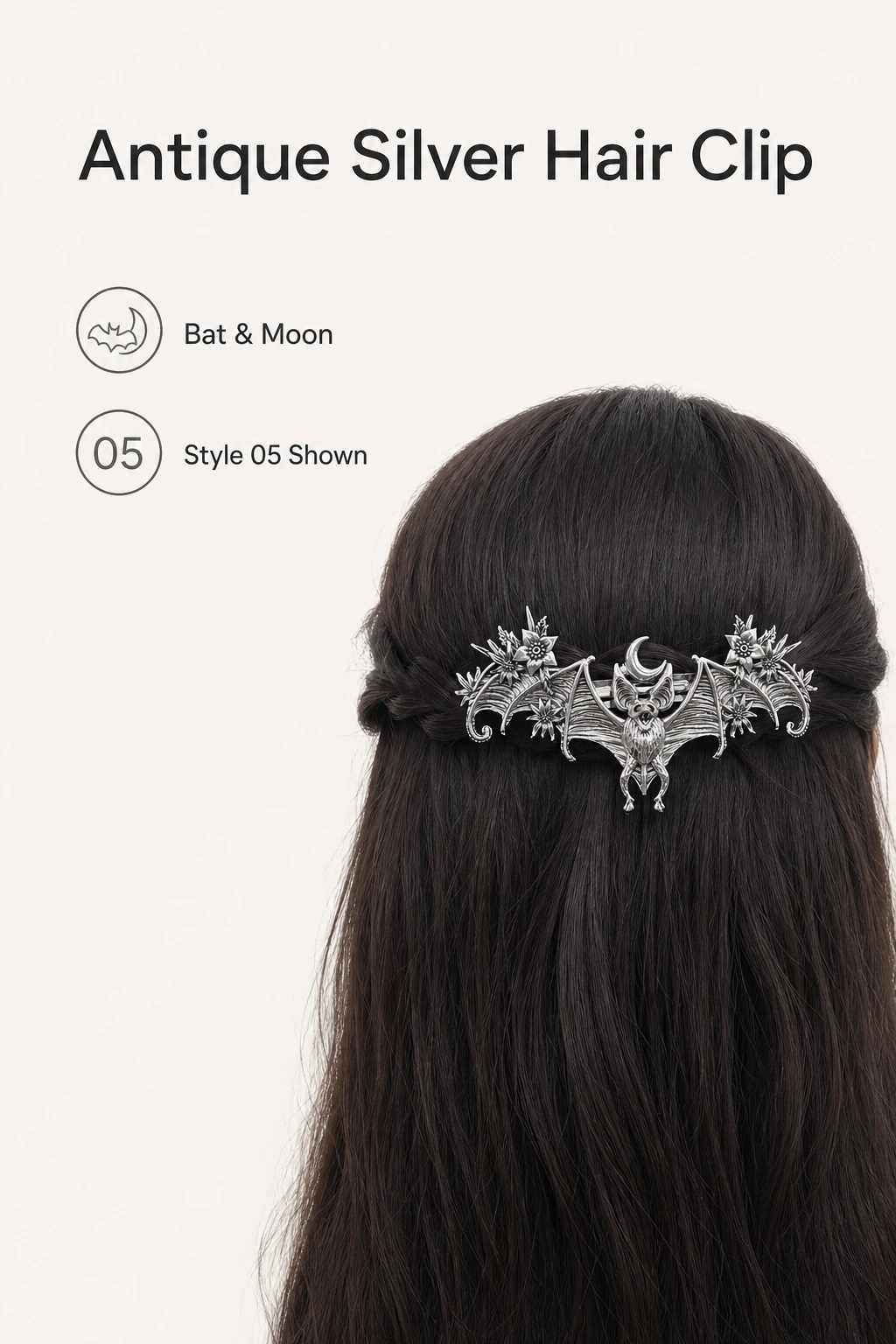 Style 05 worn in dark hair with bat and crescent details identified