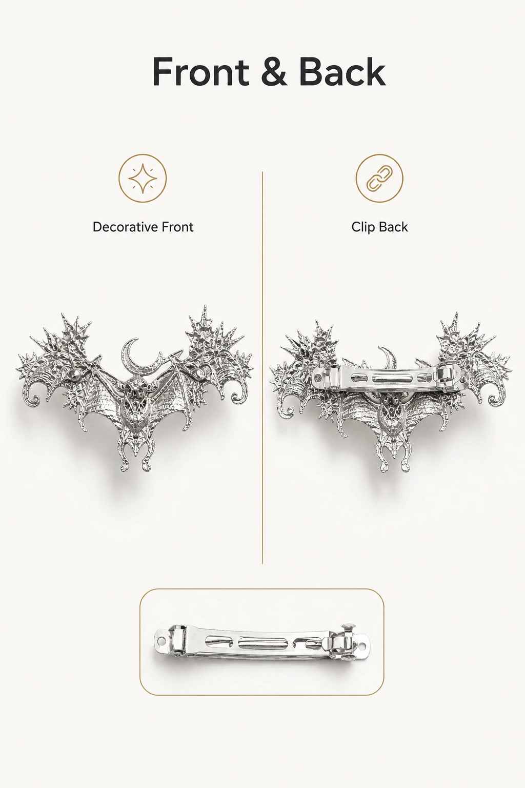Front and back of Style 05 beside a close view of its clasp