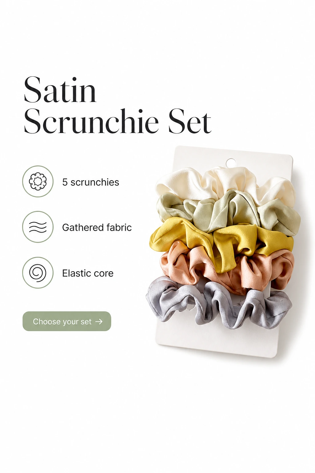 Présentation du lot de cinq chouchous en satin multicolores