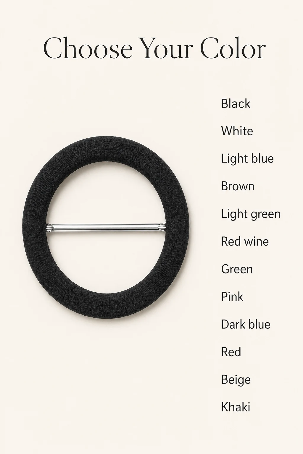 One black fabric-covered ring beside the heading “Choose Your Color” and a list of 12 color names.