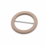 DWDP fabric-covered round scarf slide buckle with one straight silver-colored center bar on white.
