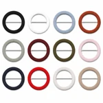 Twelve fabric-covered round scarf slide buckles in the 12 available colors, each with one straight center bar.