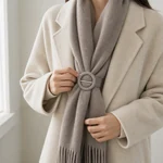 A person arranging a scarf with a fabric-covered round slide buckle on a coat.