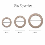 Three fabric-covered round scarf slide buckles shown with nominal size labels 35 mm, 42 mm and 50 mm.