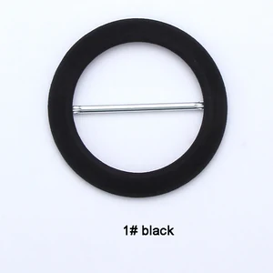 Black fabric-covered round scarf slide buckle with one straight silver-colored center bar.