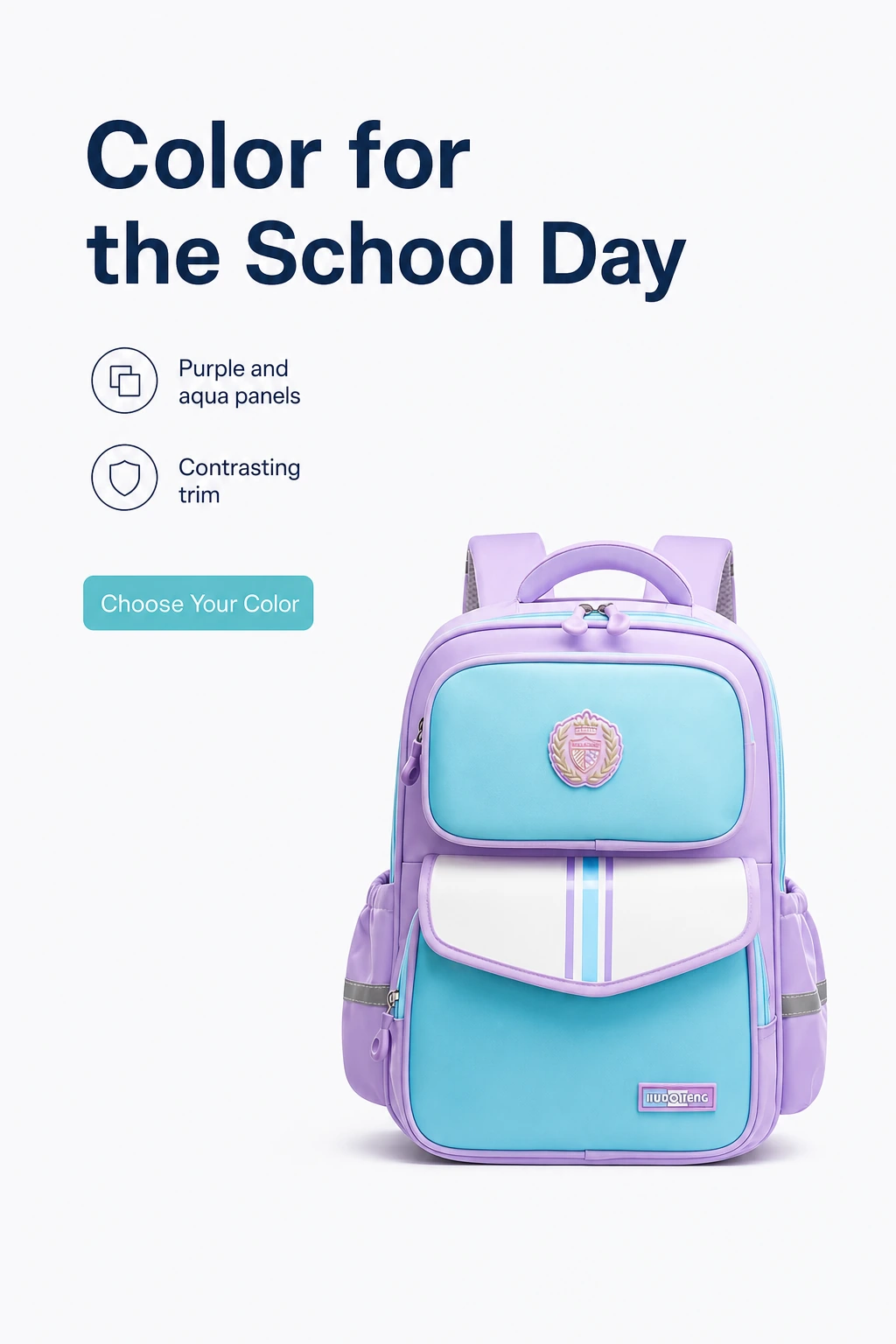 Purple and aqua school backpack with contrasting trim