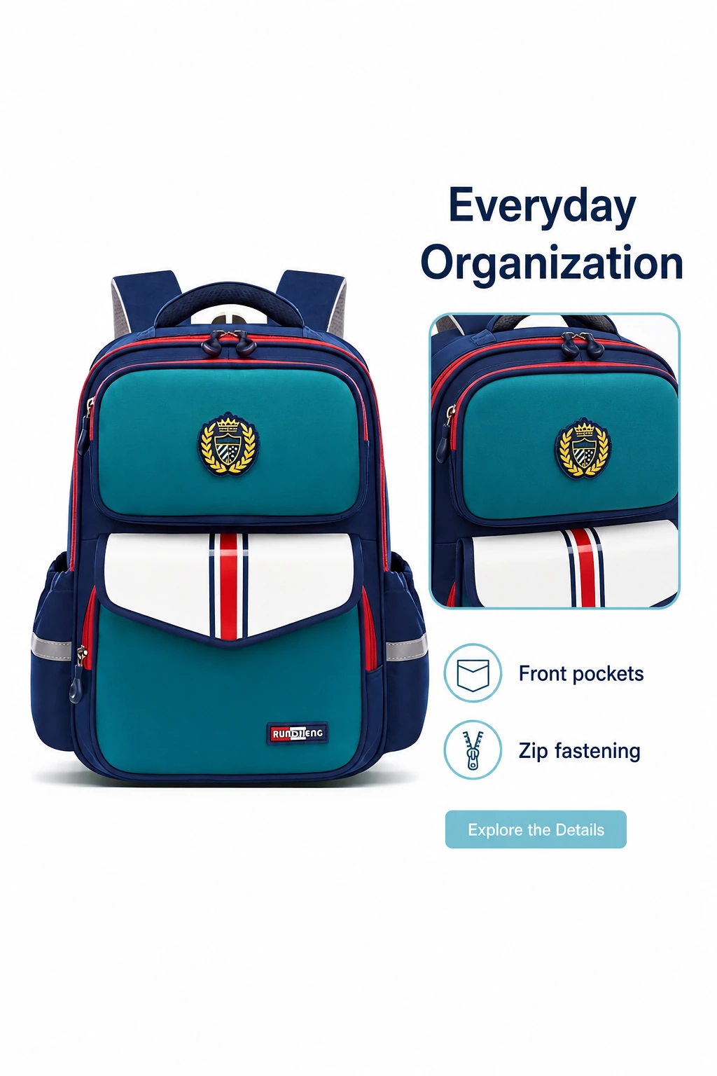 Green and navy backpack front pockets and zip detail