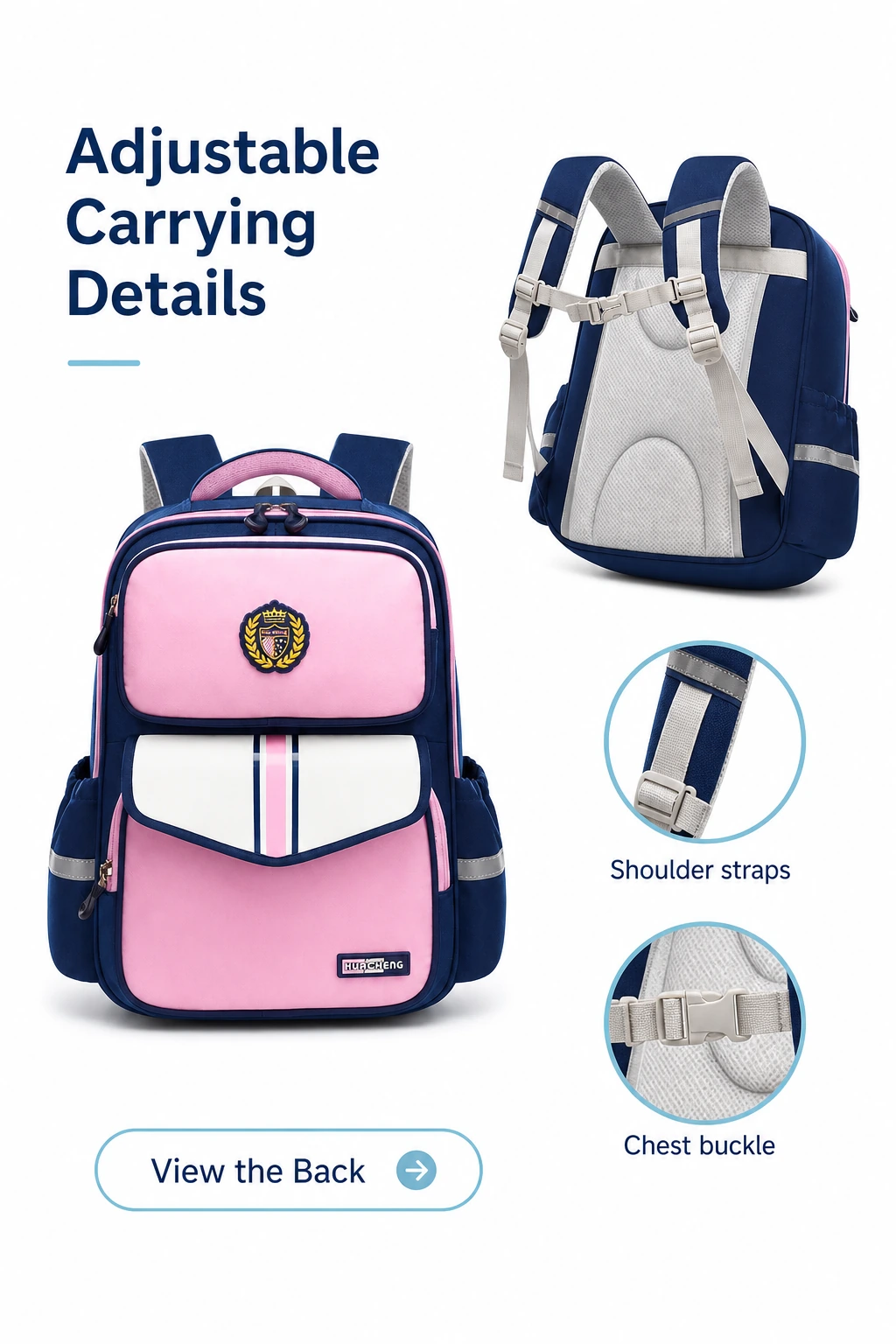 Pink backpack front and padded back with shoulder straps and chest buckle