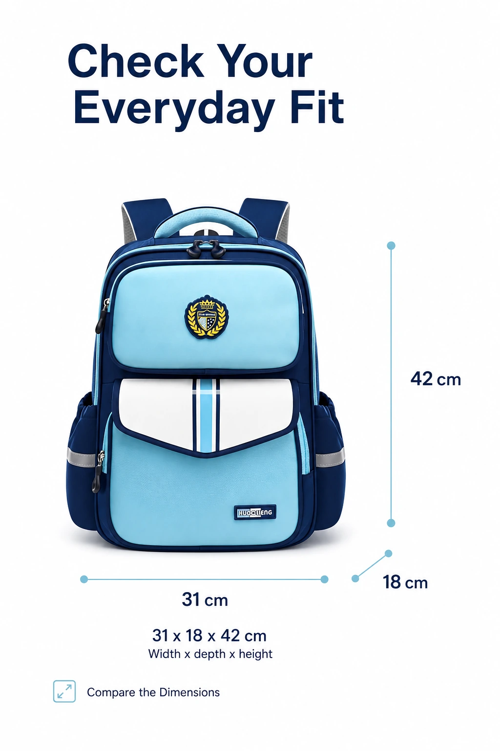 Light blue backpack showing 31 by 18 by 42 cm dimensions