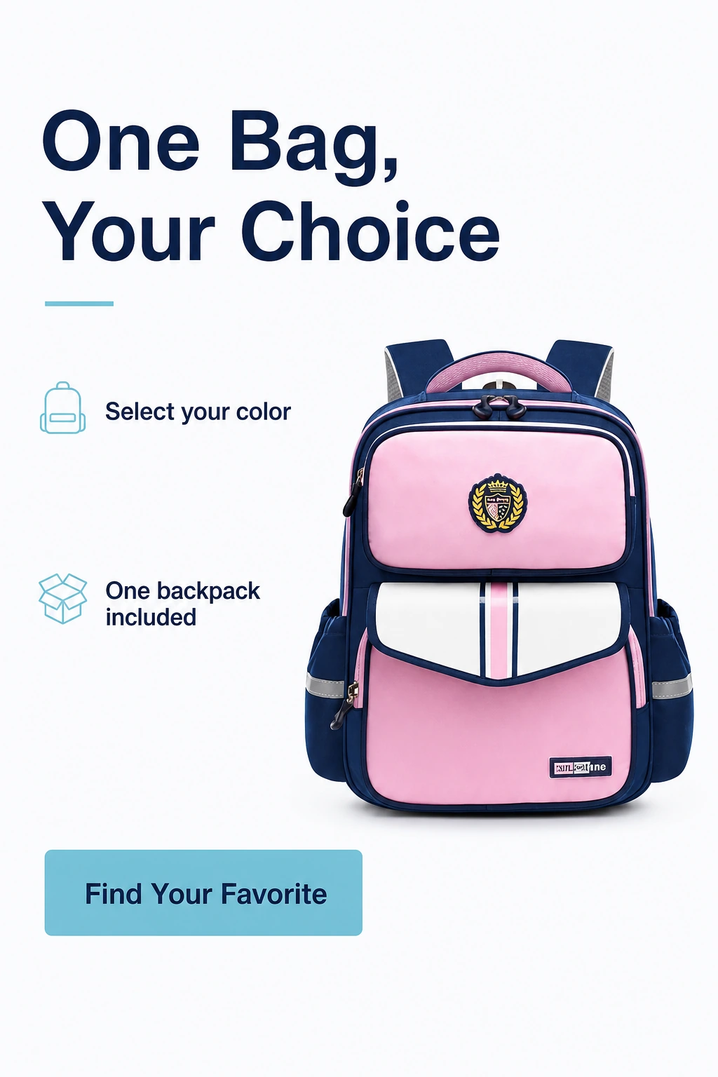 One pink and navy school backpack with color selection information