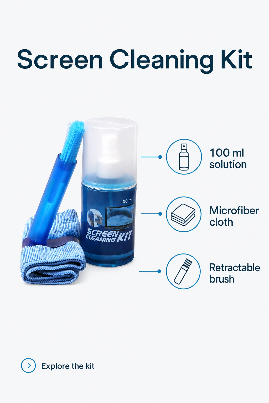 Kit azul de limpeza de ecrãs com solução de 100 ml, pano e escova