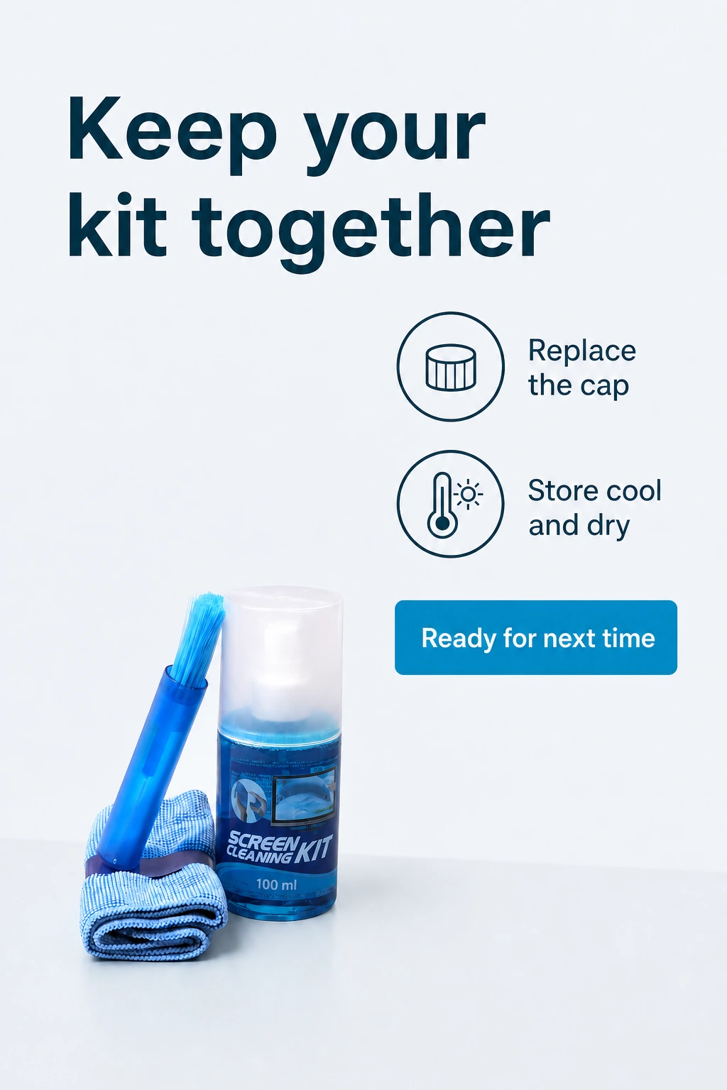 Kit azul guardado com a tampa colocada no frasco