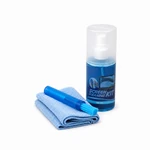 Kit de limpeza de tela com frasco spray azul tampado, pano azul dobrado e escova com tampa