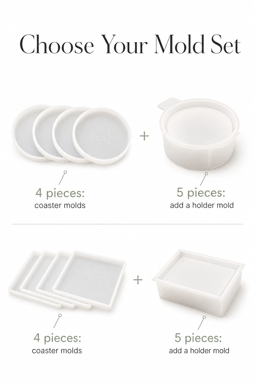 Round and square silicone coaster mold sets with four or five pieces