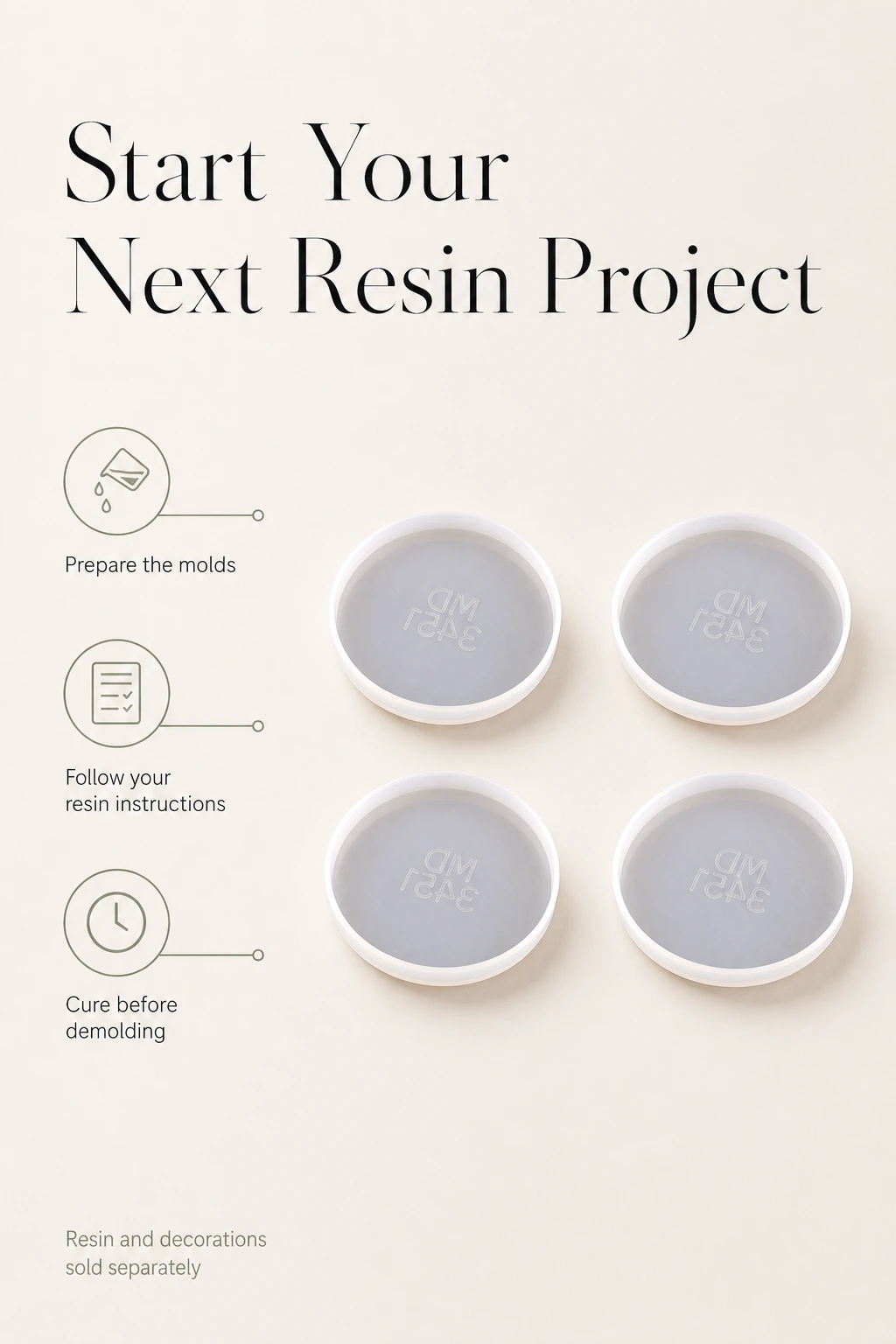 Four empty round molds on a level surface for a resin project