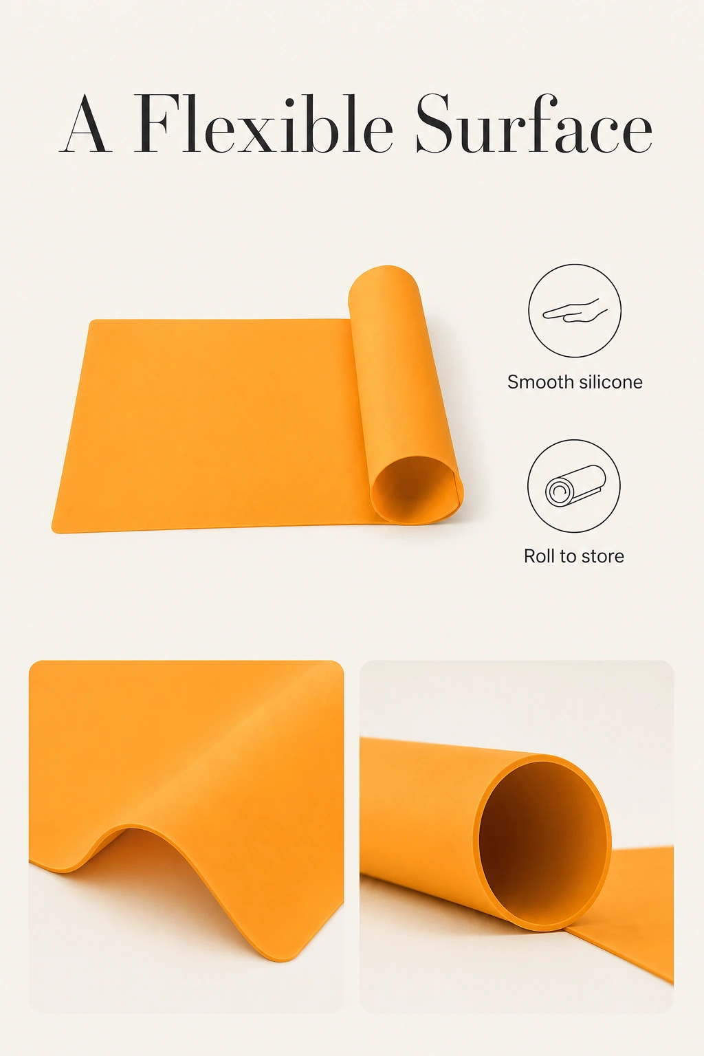 Silicone mat shown flat, curved at the edge and rolled into a tube
