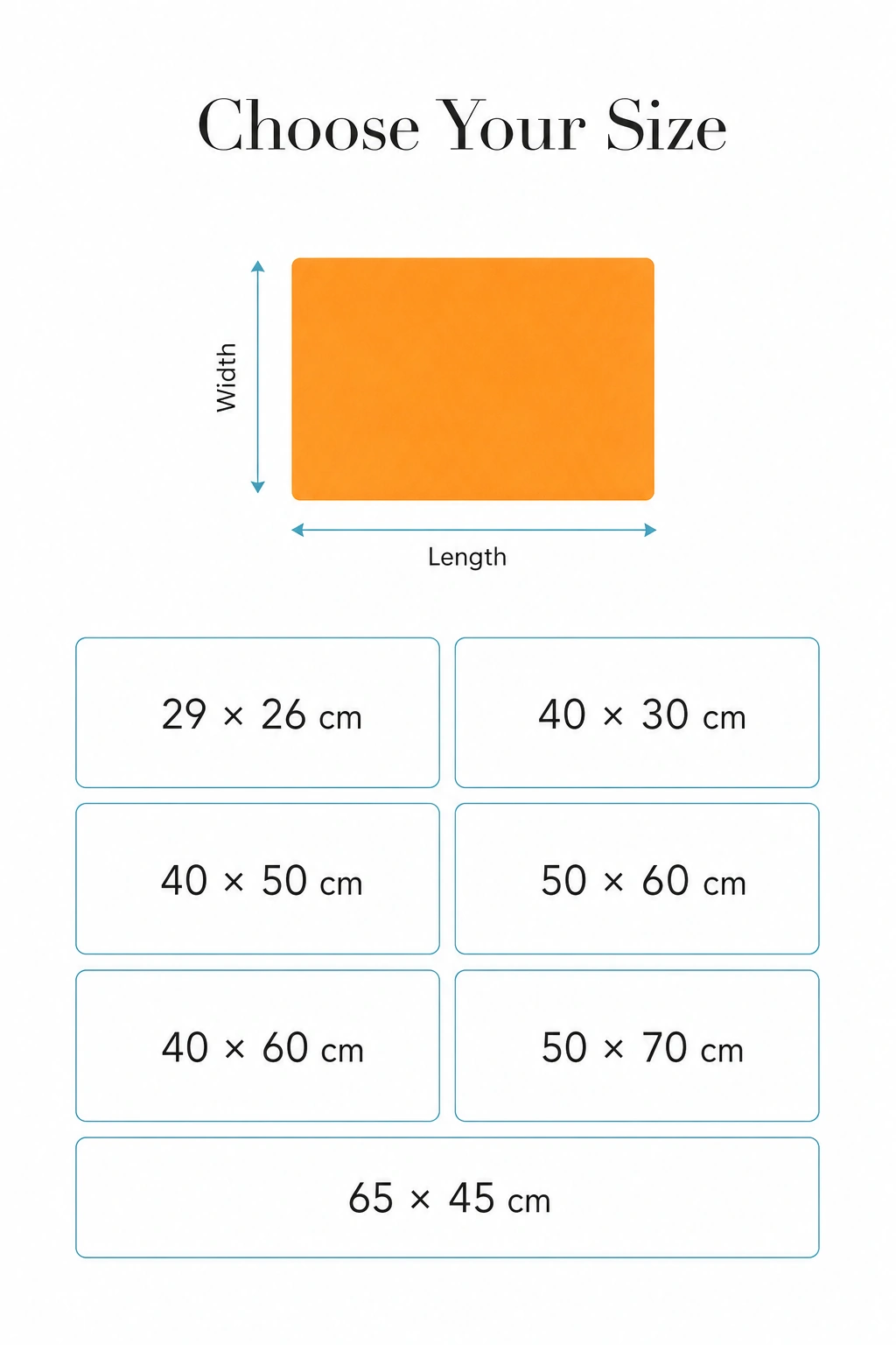 Silicone mat length and width diagram with all seven sizes in centimetres