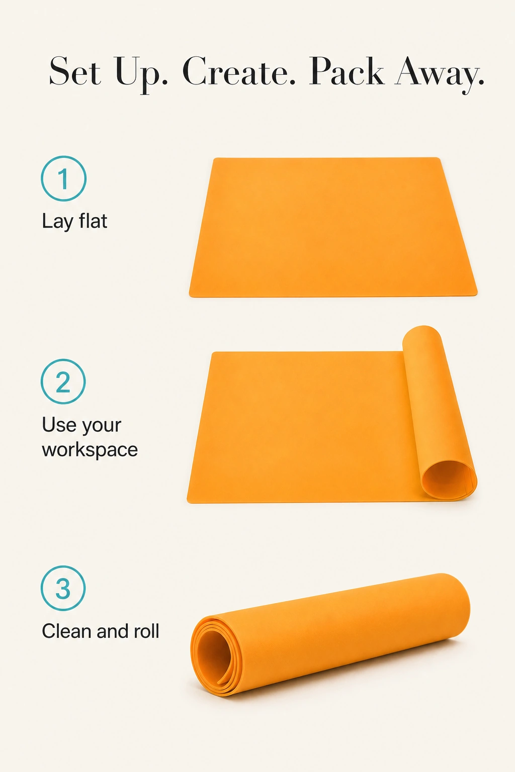 Three-step silicone mat guide: lay flat, use your workspace, clean and roll up