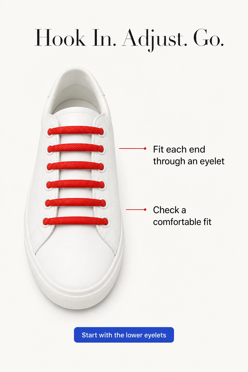 Strisce rosse in silicone negli occhielli opposti di una scarpa in tela