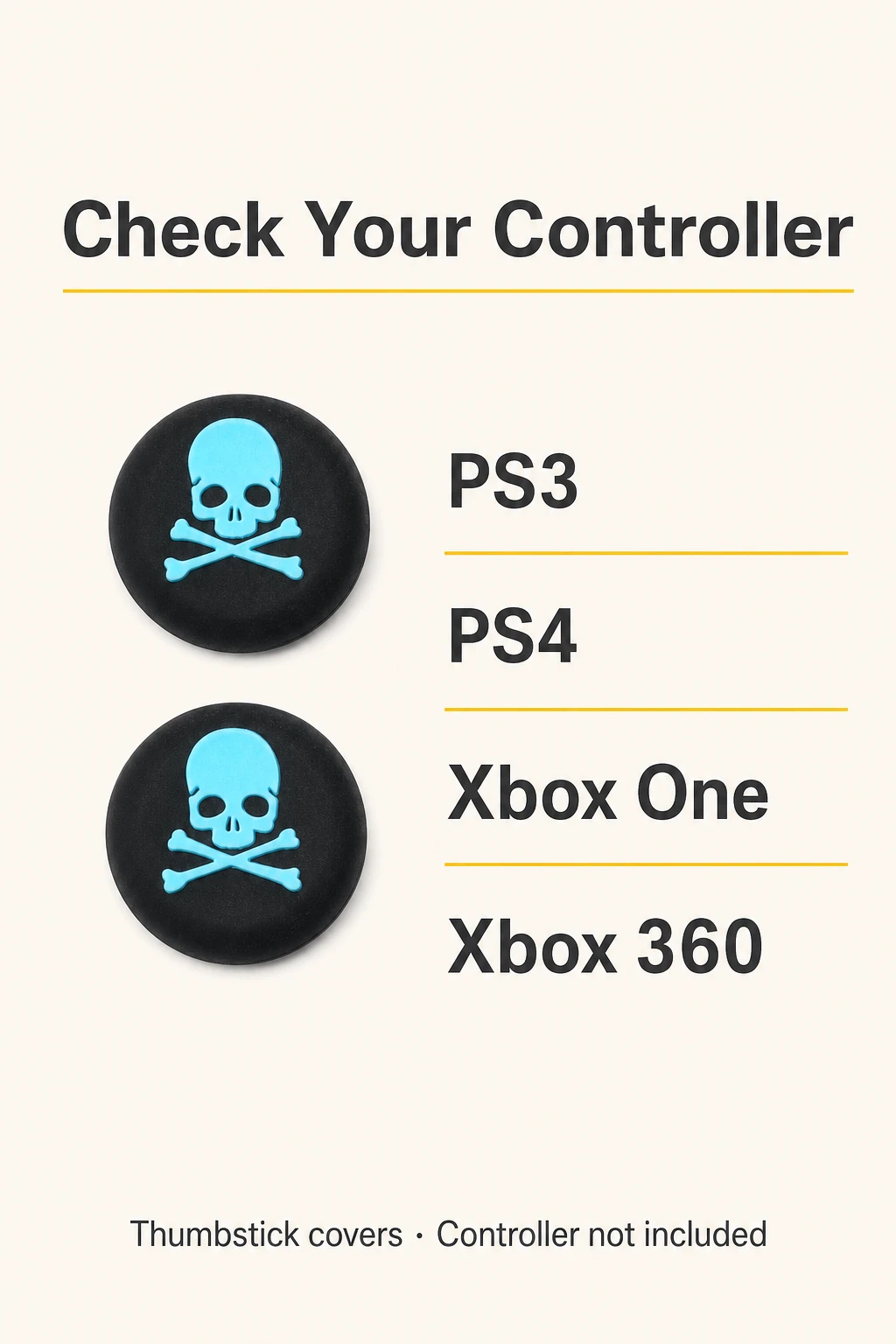 Two blue skull-print caps beside a list naming PS3, PS4, Xbox One and Xbox 360