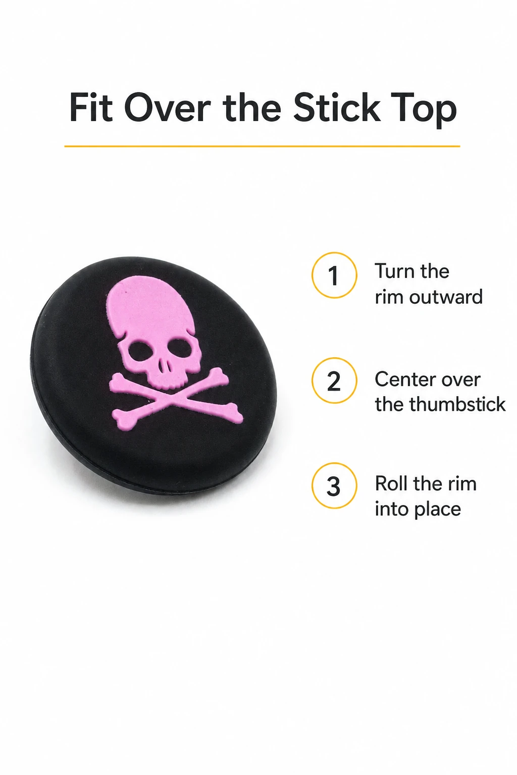Pink skull thumbstick cap beside three written fitting steps