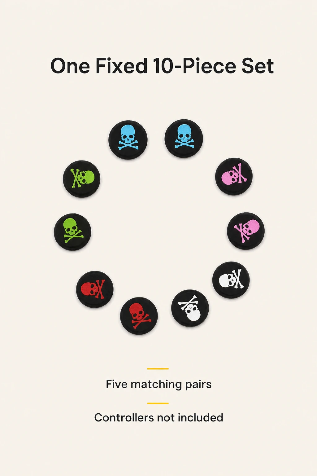 Ten skull-print caps in a circular five-color assortment with text noting controllers are not included