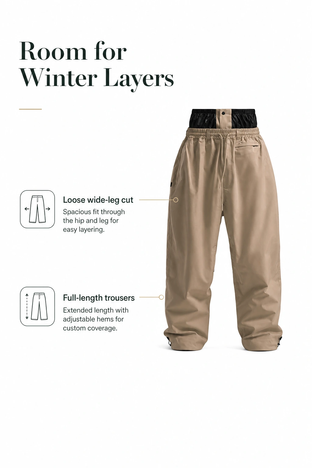 Khaki full-length trousers showing a loose wide-leg cut