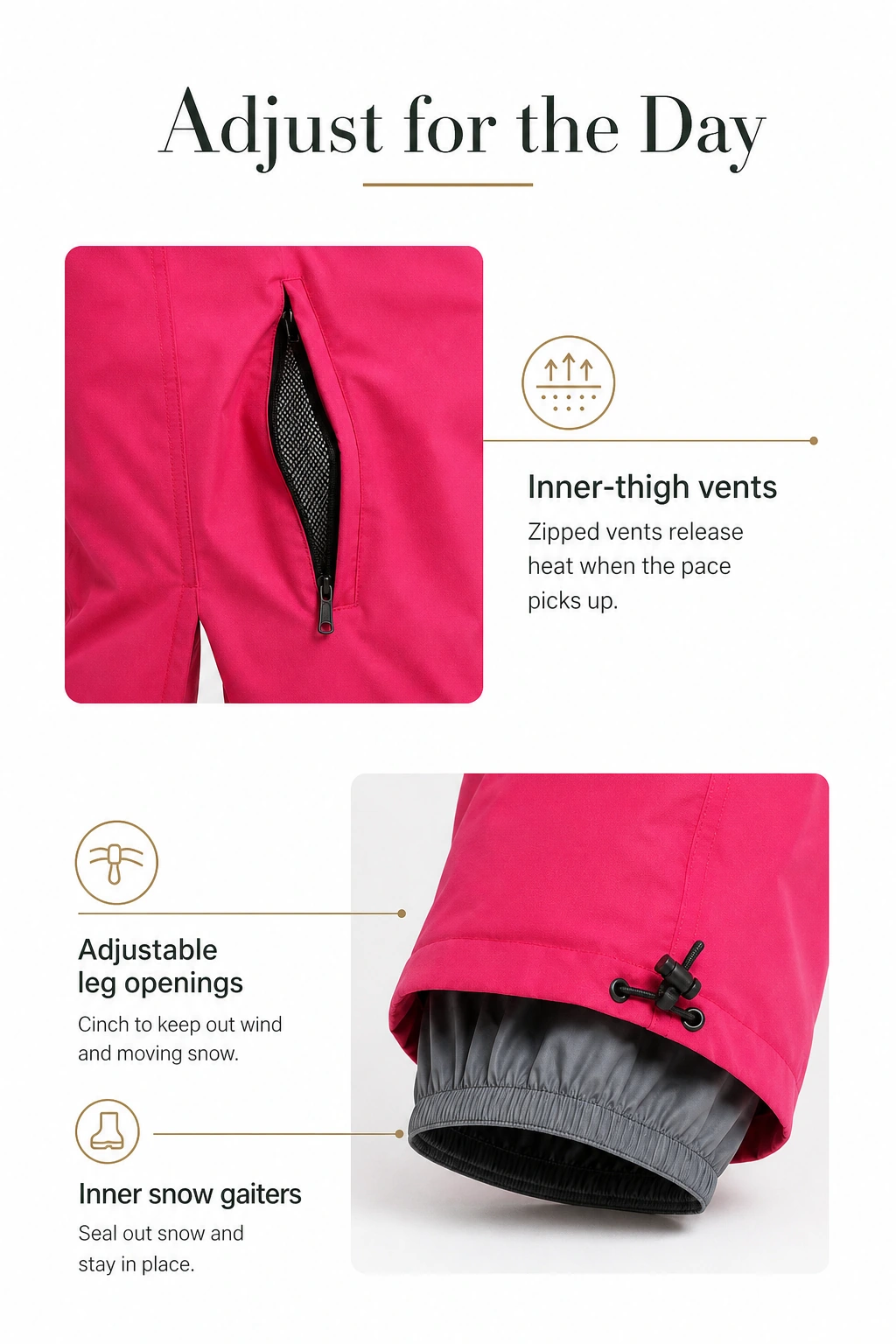 Inner-thigh zip vent, adjustable hem and inner snow gaiter