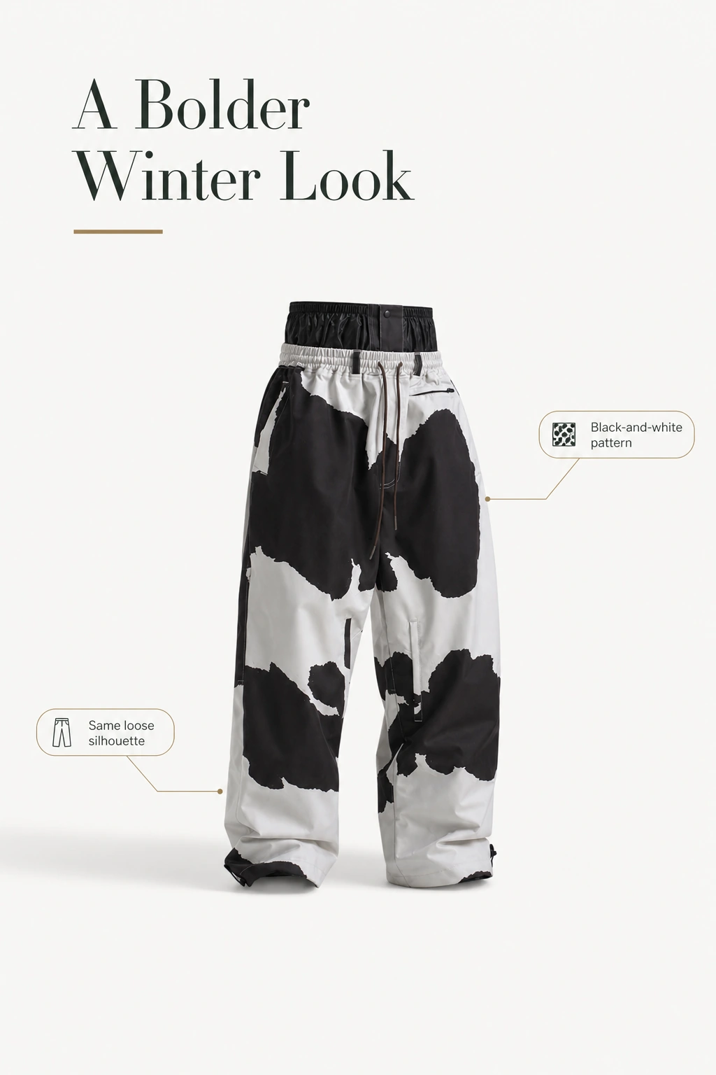 Mixed Colors option with large black shapes on white trousers