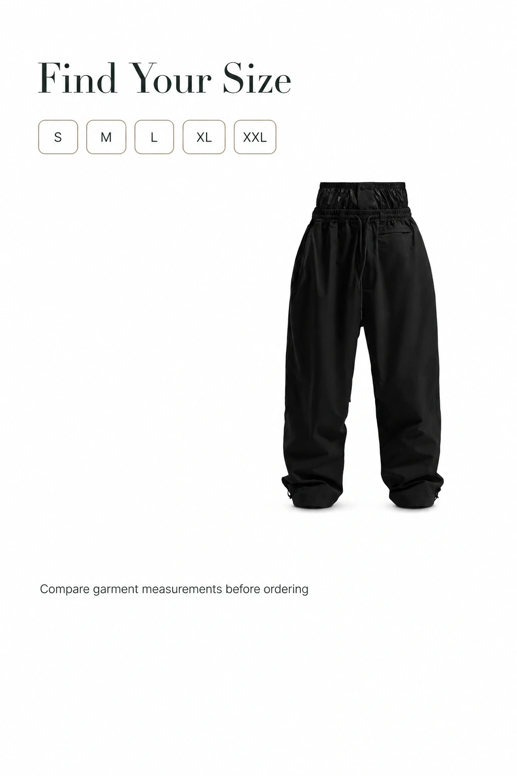 Black snowboard pants with size choices S, M, L, XL and XXL