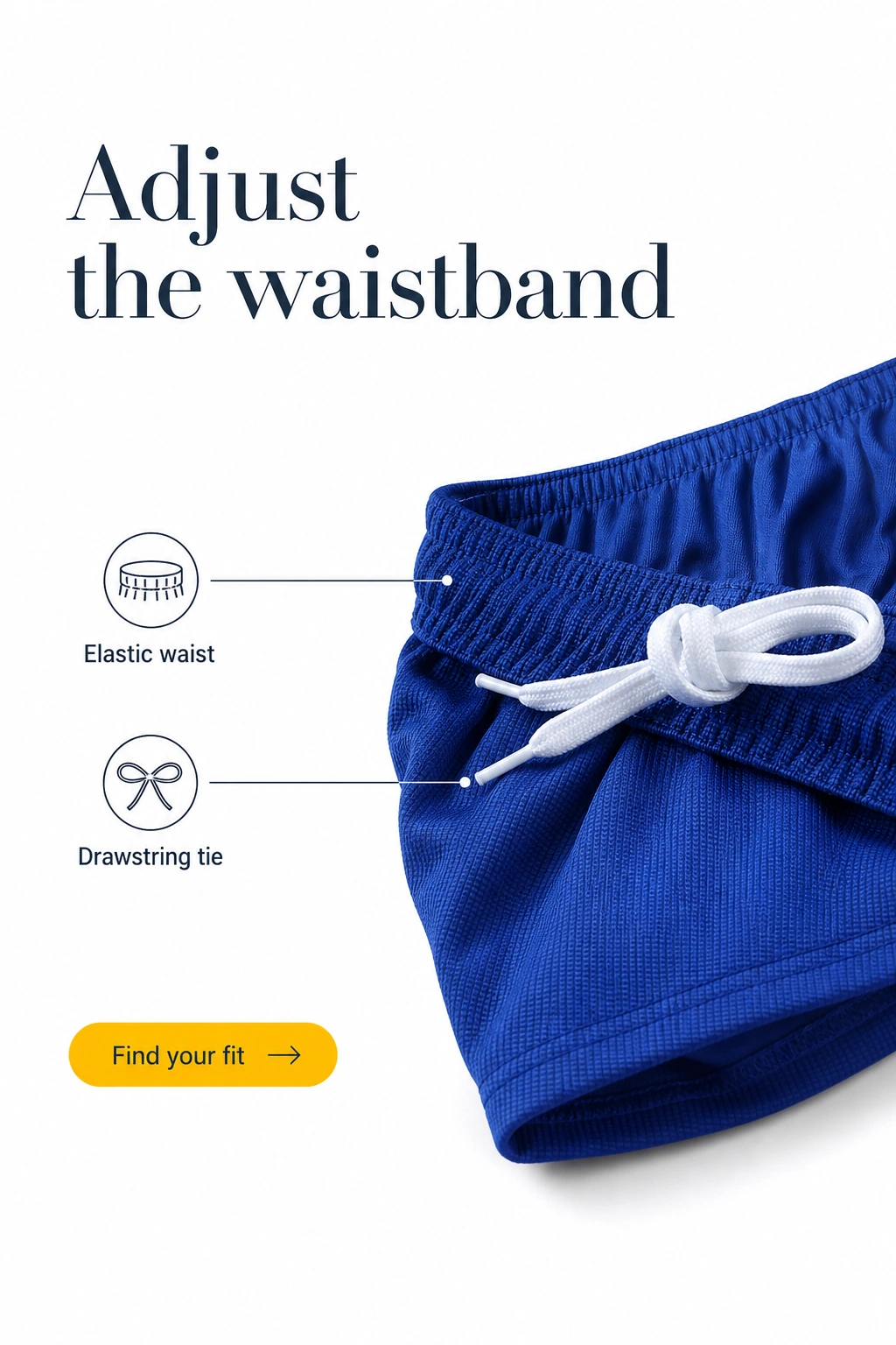 Taille élastique du short bleu avec cordon blanc