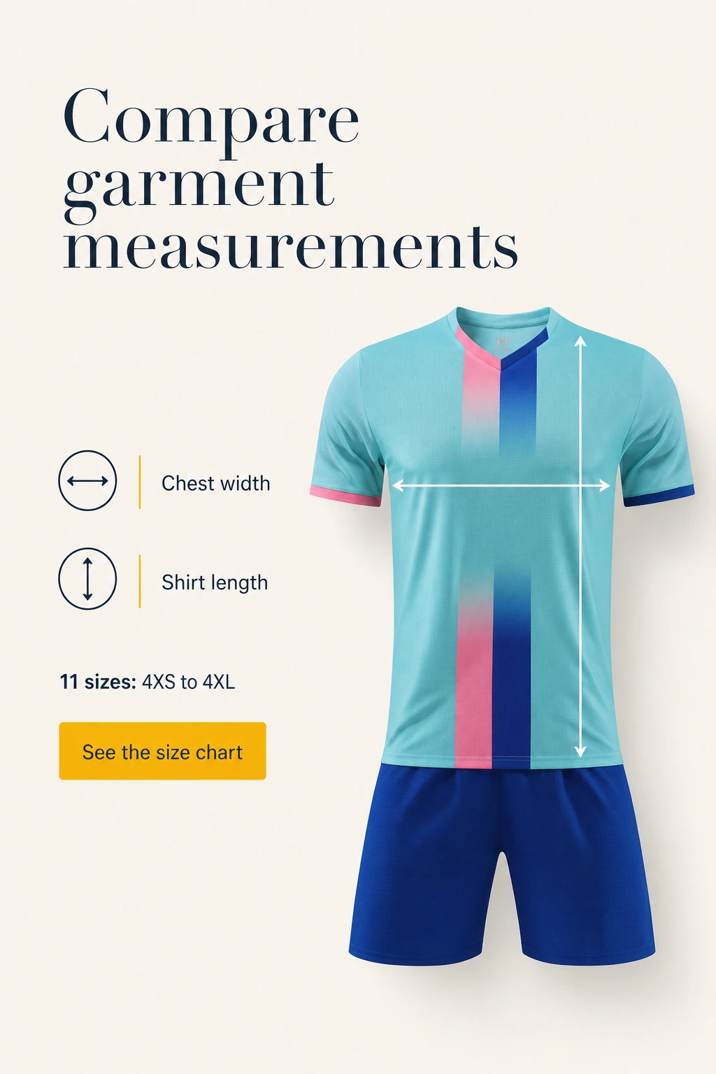 Maillot bleu clair avec repères de largeur de poitrine et de longueur
